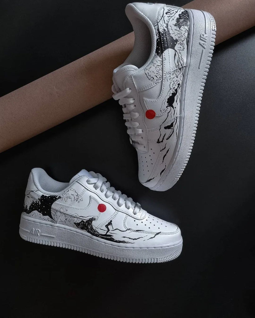 Custom AF 1s Shoes Black Red Wave And Surfer Design-oicustom