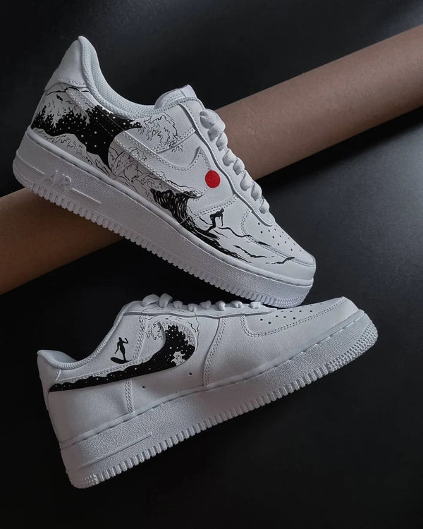 Custom AF 1s Shoes Black Red Wave And Surfer Design-oicustom