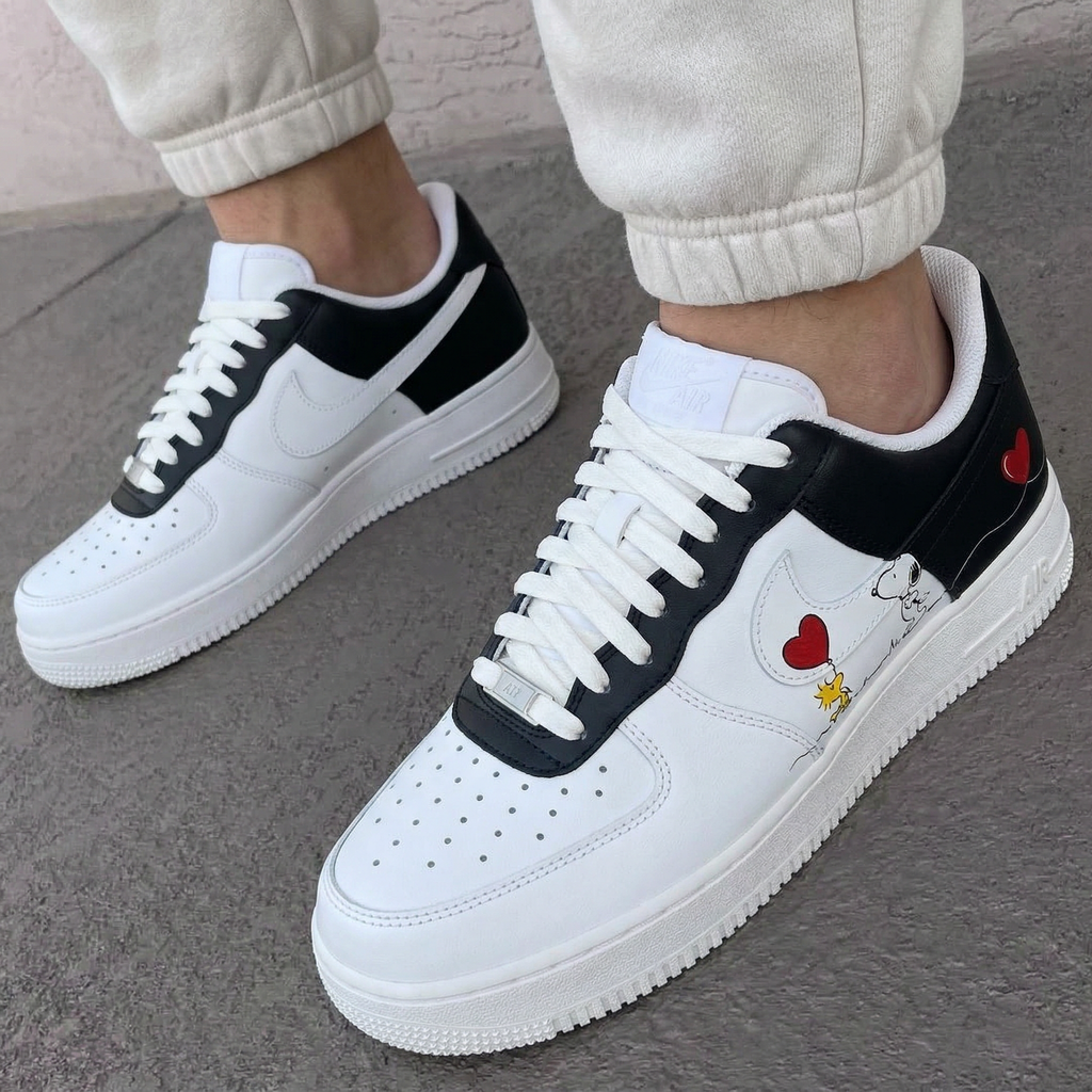Custom AF 1s Shoes Black Snoopy Woodstock Cartoon Red Hearts-oicustom