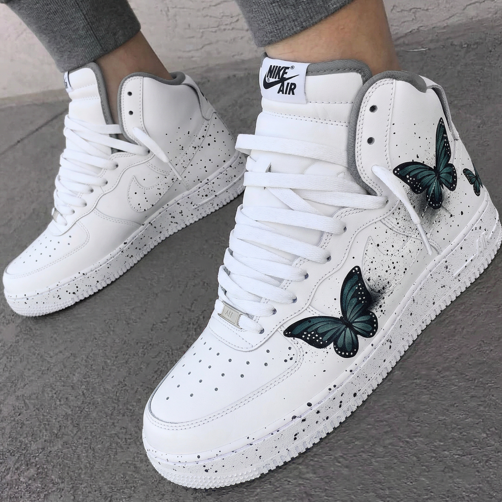 Custom AF 1s Shoes Black Speckles Green Butterflies-oicustom