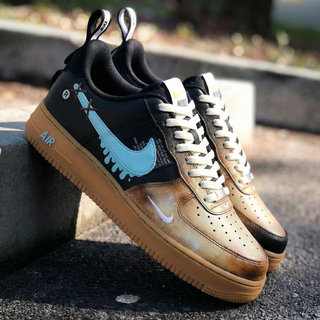 Custom AF 1s Shoes Black Tan Blue Drip Design-oicustom