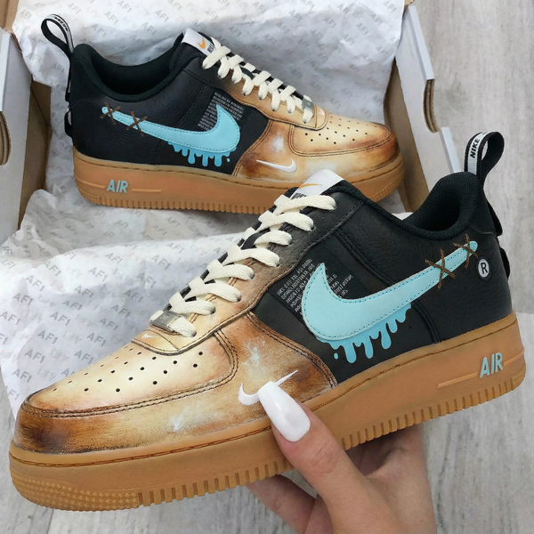 Custom AF 1s Shoes Black Tan Blue Drip Design-oicustom
