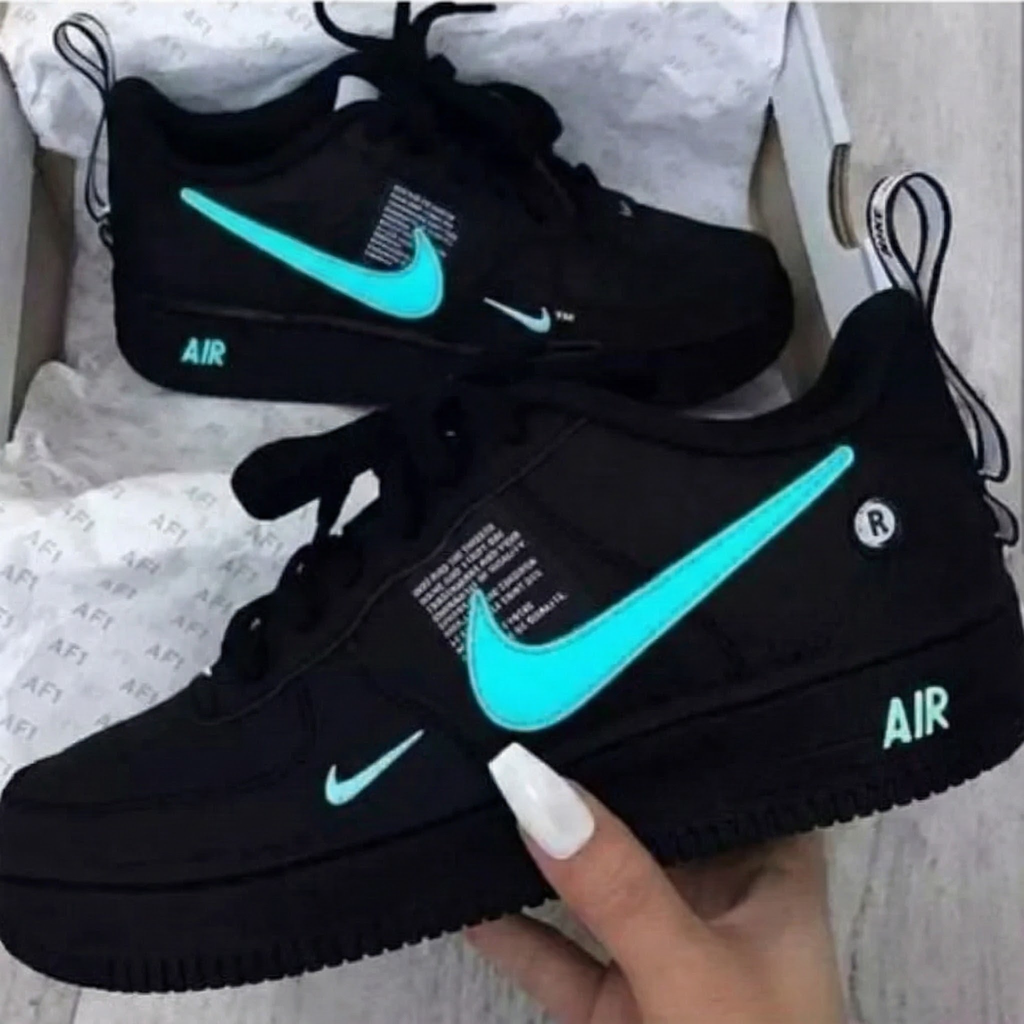 Custom AF 1s Shoes Black Teal Logo Design-oicustom