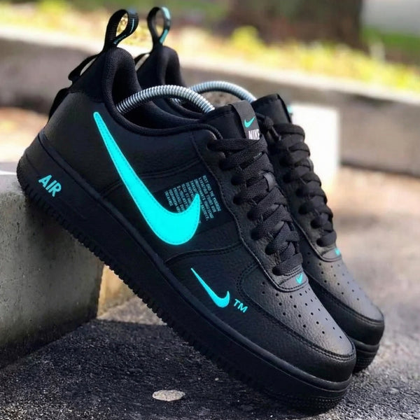 Custom AF 1s Shoes Black Teal Logo Design-oicustom