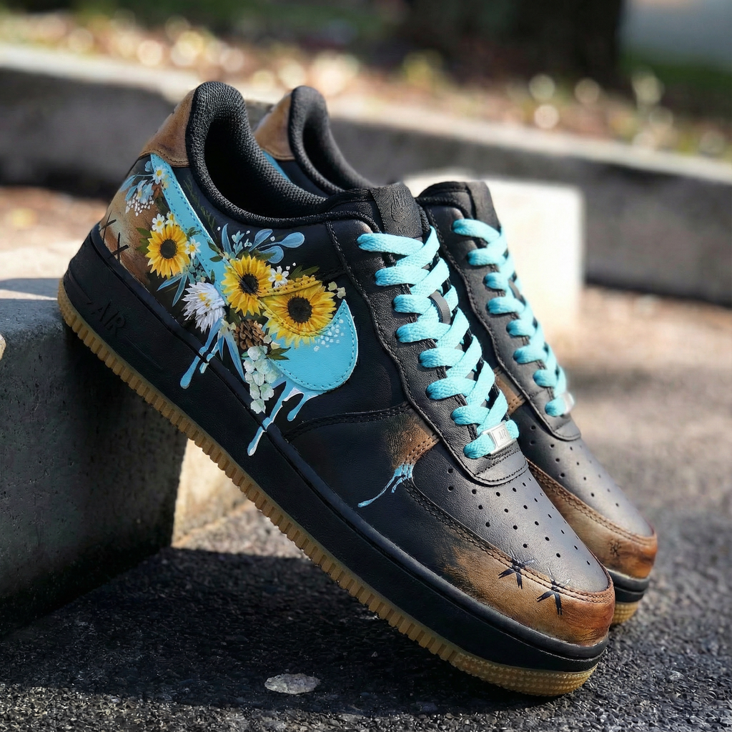 Custom AF 1s Shoes Black Turquoise Sunflower Design-oicustom