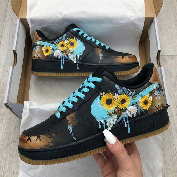 Custom AF 1s Shoes Black Turquoise Sunflower Design-oicustom
