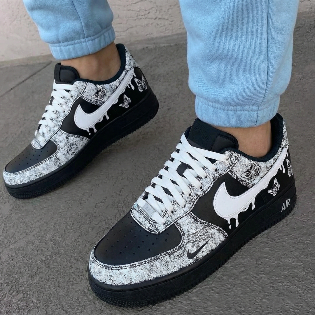 Custom AF 1s Shoes Black White Butterflies-oicustom
