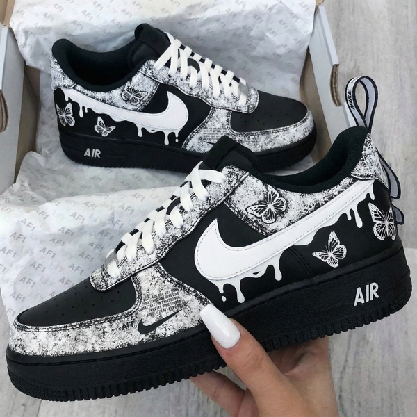 Custom AF 1s Shoes Black White Butterflies-oicustom