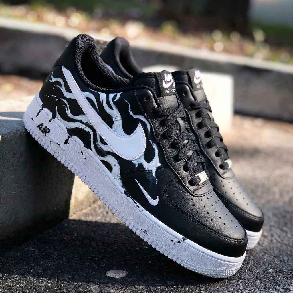 Custom AF 1s Shoes Black White Flame Pattern-oicustom