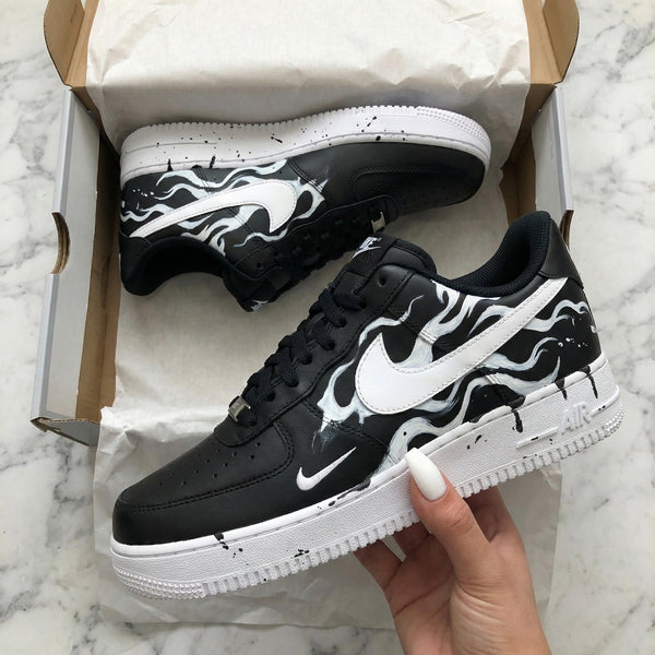 Custom AF 1s Shoes Black White Flame Pattern-oicustom