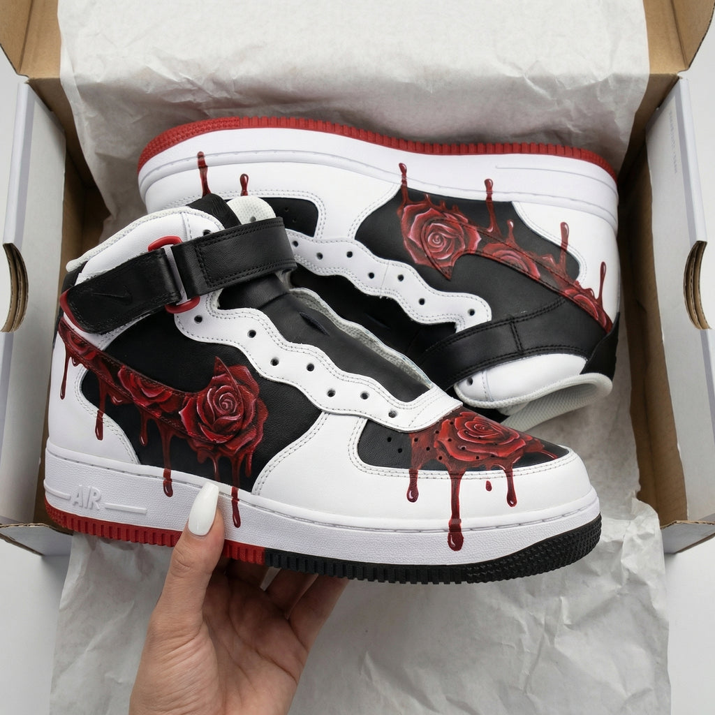 Custom AF 1s Shoes Black White with Red Roses-oicustom