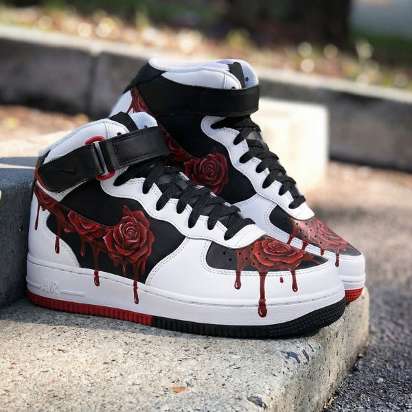 Custom AF 1s Shoes Black White with Red Roses-oicustom