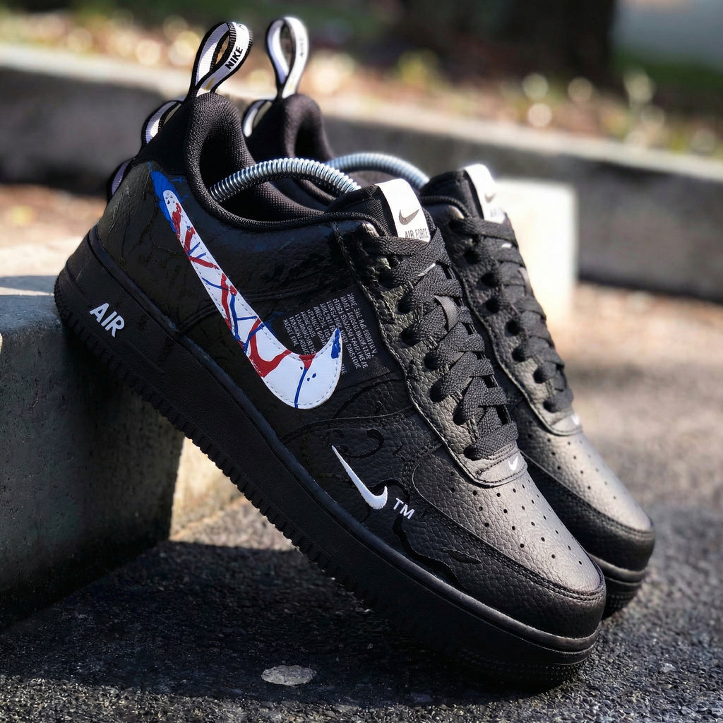 Custom AF 1s Shoes Black with Red and Blue Splatter Design-oicustom