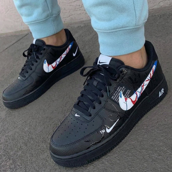 Custom AF 1s Shoes Black with Red and Blue Splatter Design-oicustom