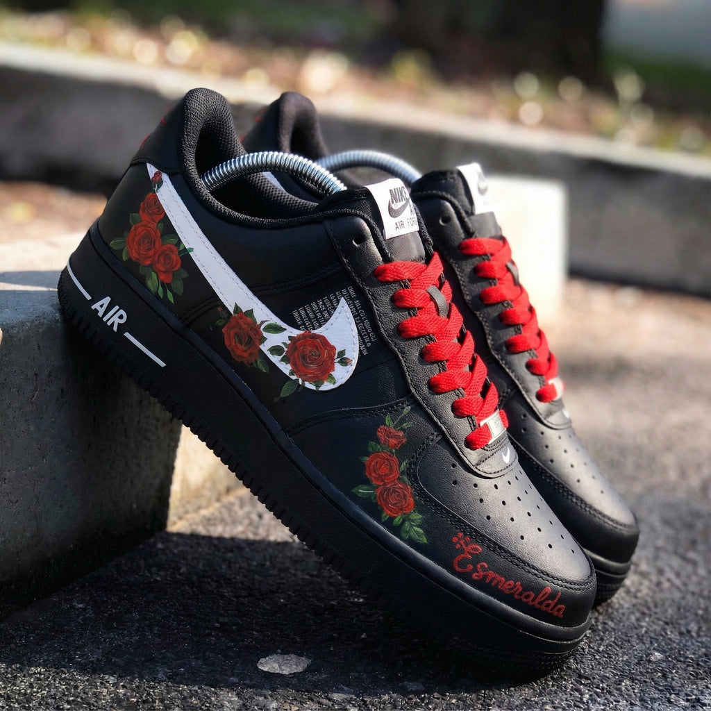 Custom AF 1s Shoes Black with Red Roses-oicustom