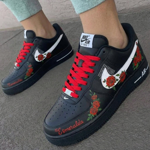Custom AF 1s Shoes Black with Red Roses-oicustom