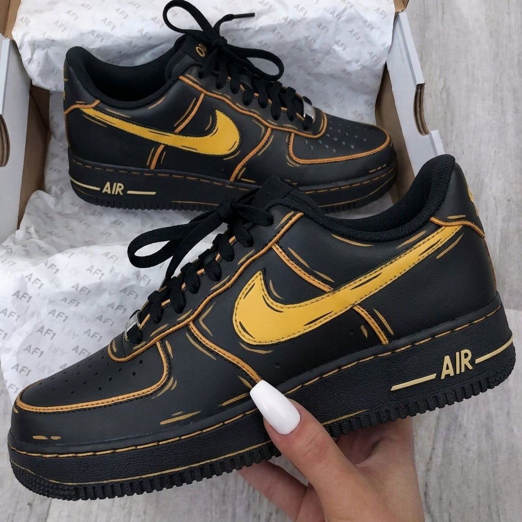 Custom AF 1s Shoes Black Yellow Cartoon Outline Design-oicustom