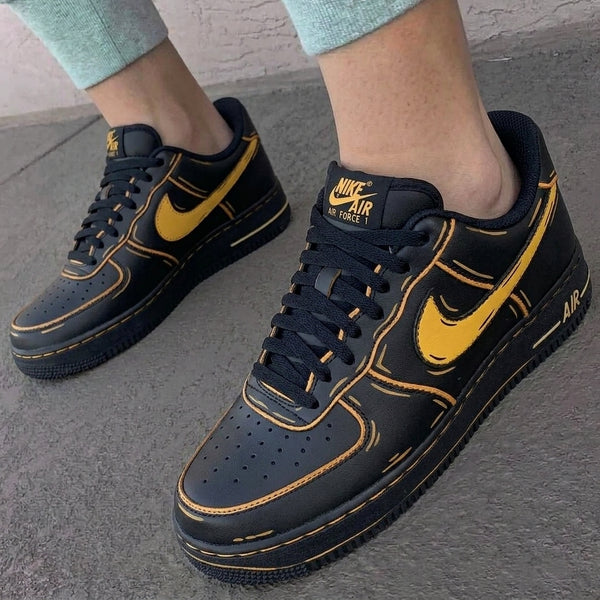 Custom AF 1s Shoes Black Yellow Cartoon Outline Design-oicustom