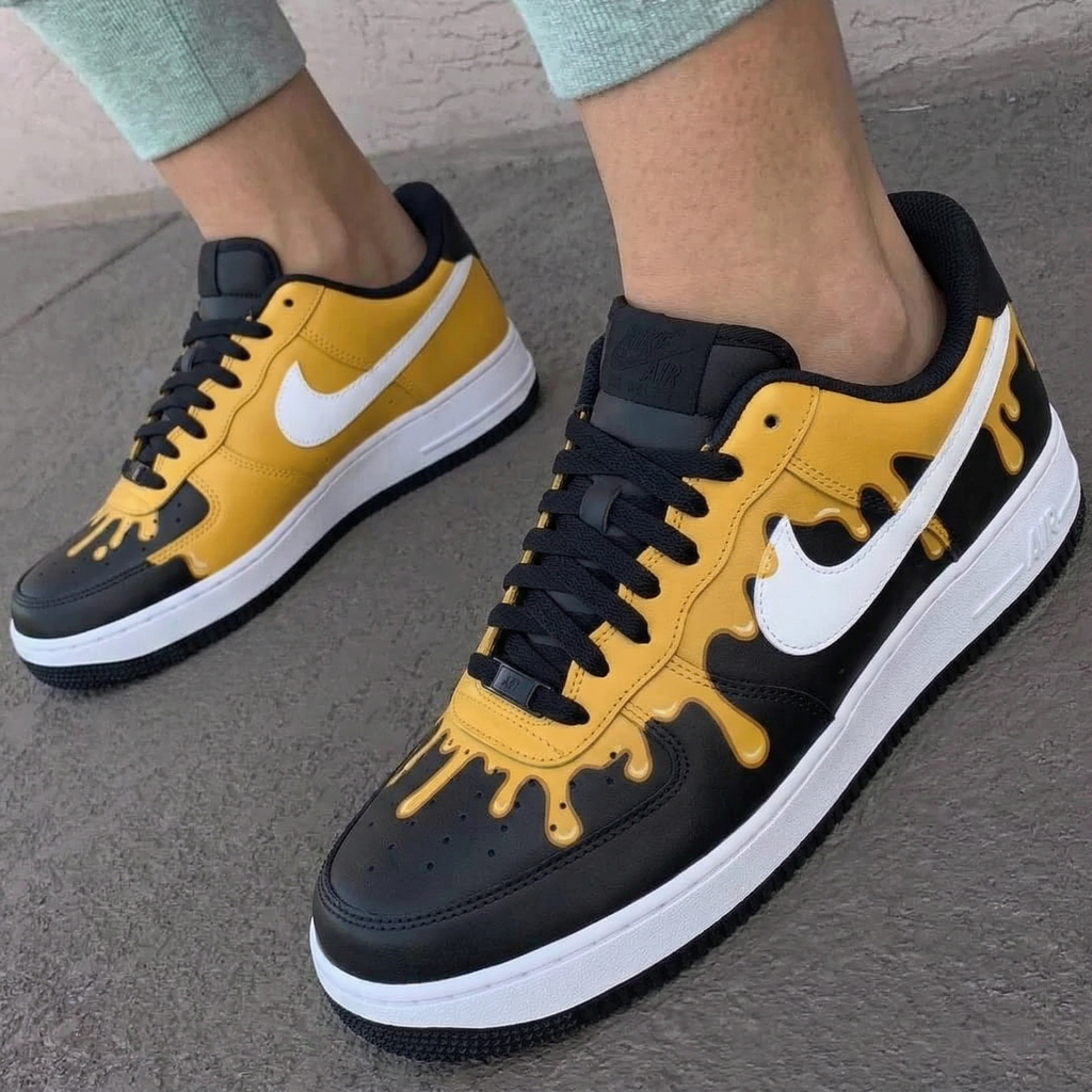 Custom AF 1s Shoes Black Yellow Drip Pattern-oicustom
