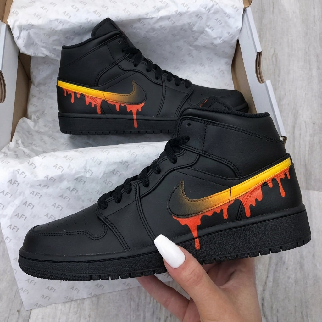 Custom AF 1s Shoes Black Yellow Orange Dripping Swoosh-oicustom