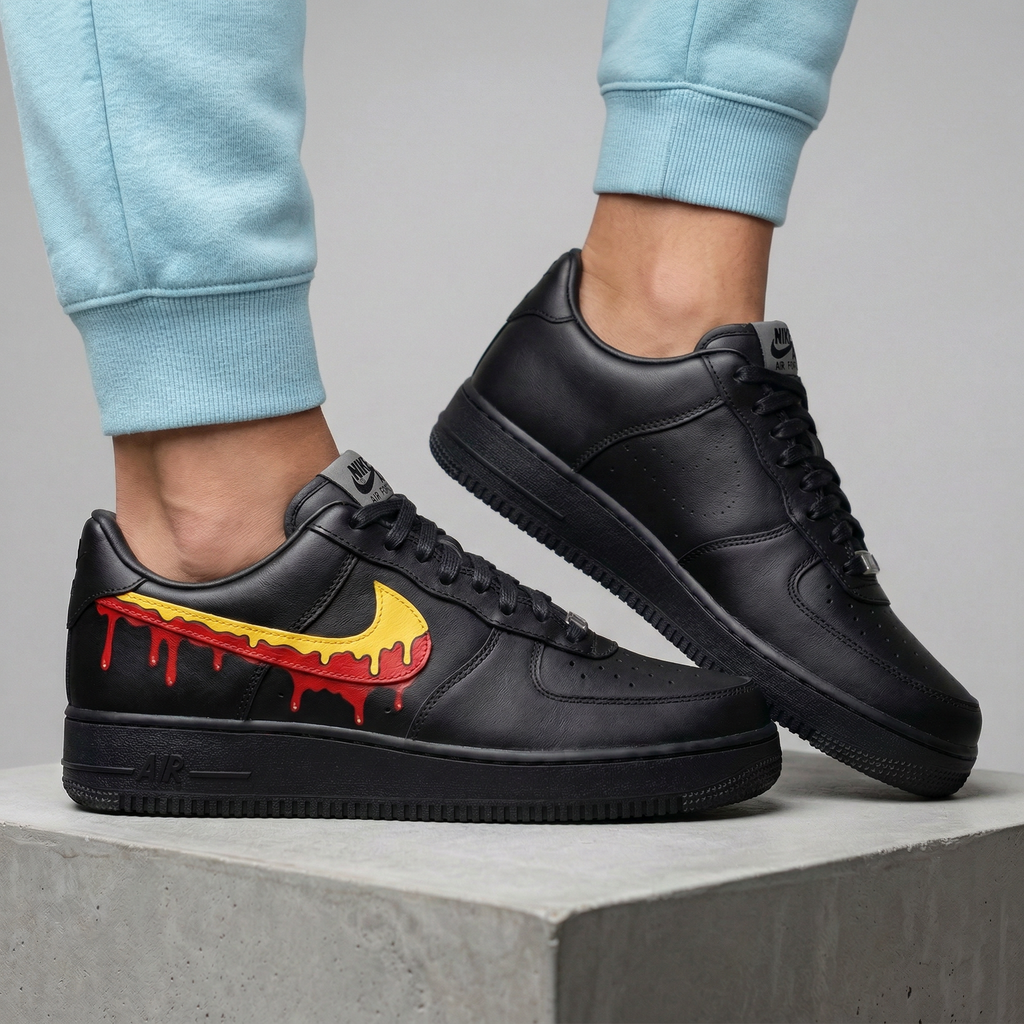 Custom AF 1s Shoes Black Yellow Red Drip Swoosh-oicustom