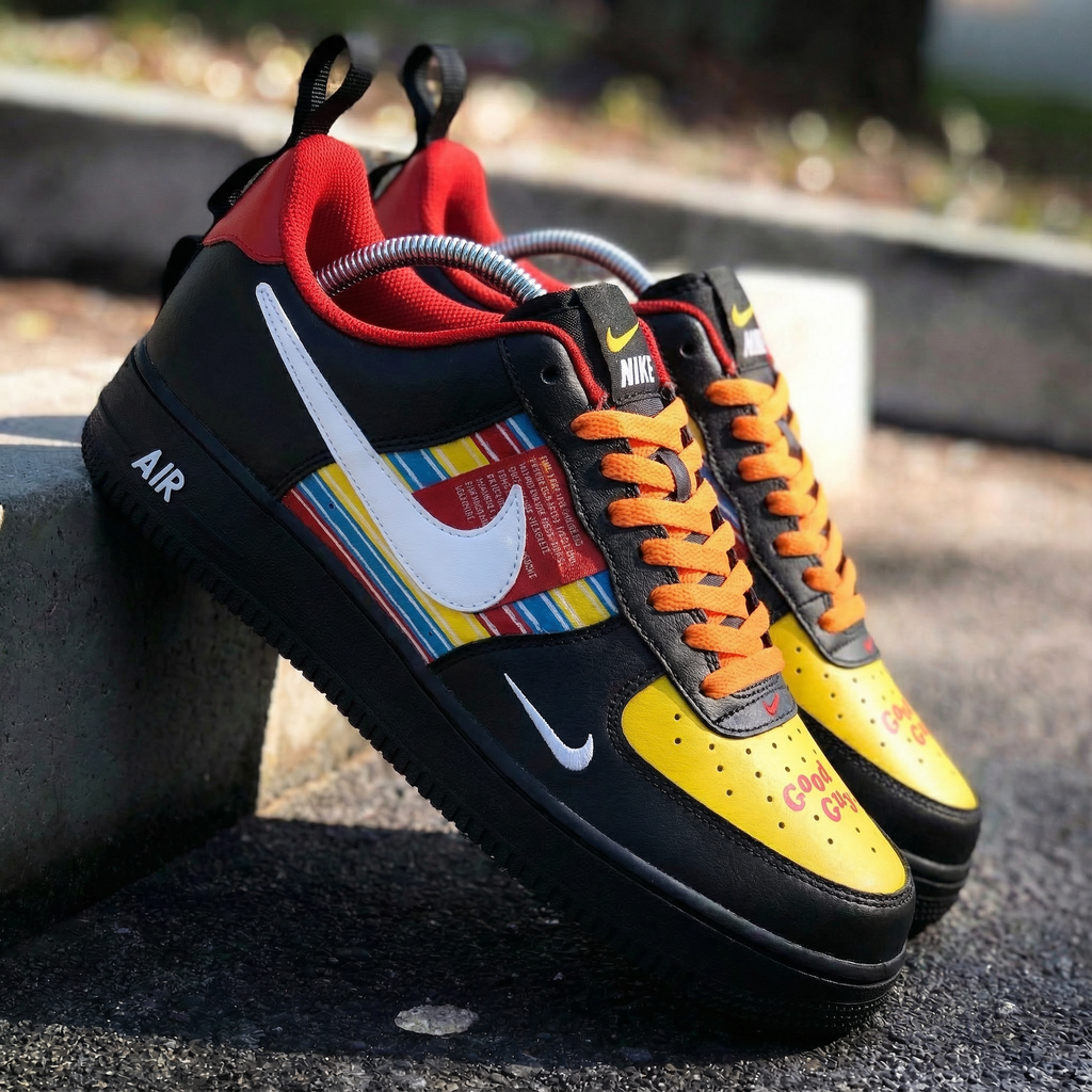 Custom AF 1s Shoes Black Yellow Red Striped Good Guys Design-oicustom