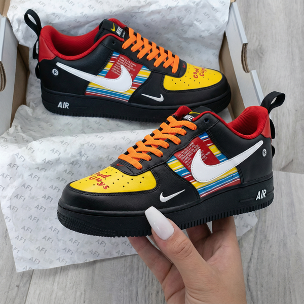 Custom AF 1s Shoes Black Yellow Red Striped Good Guys Design-oicustom