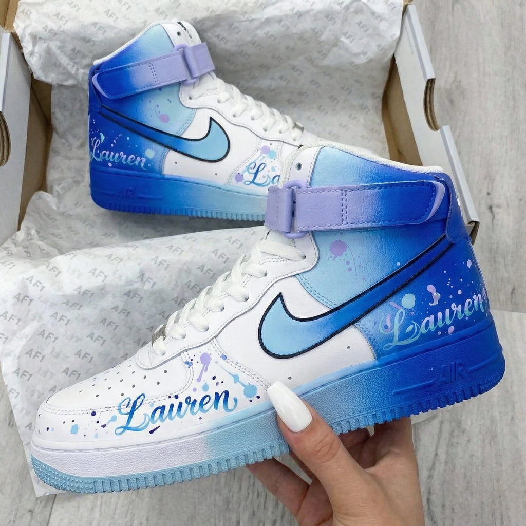 Custom AF 1s Shoes Blue Baby Blue Purple Splatter and Name Design-oicustom