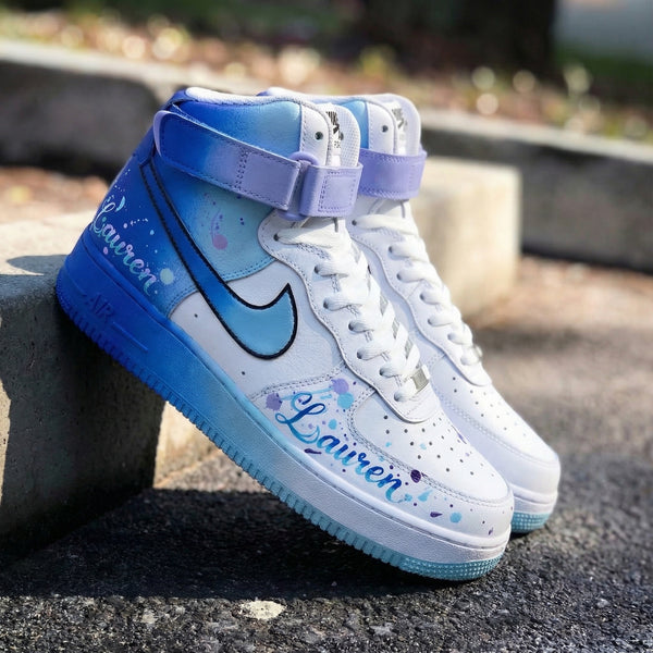 Custom AF 1s Shoes Blue Baby Blue Purple Splatter and Name Design-oicustom