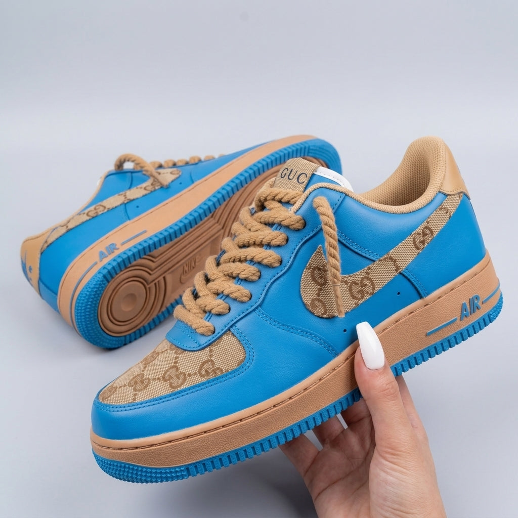 Custom AF 1s Shoes Blue Beige GG Print-oicustom