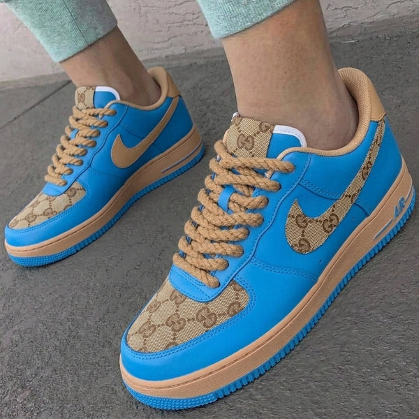 Custom AF 1s Shoes Blue Beige GG Print-oicustom