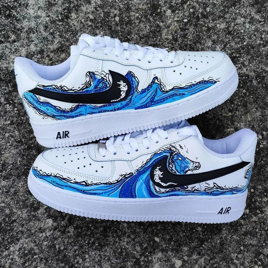 Custom AF 1s Shoes Blue Black Wave Pattern-oicustom