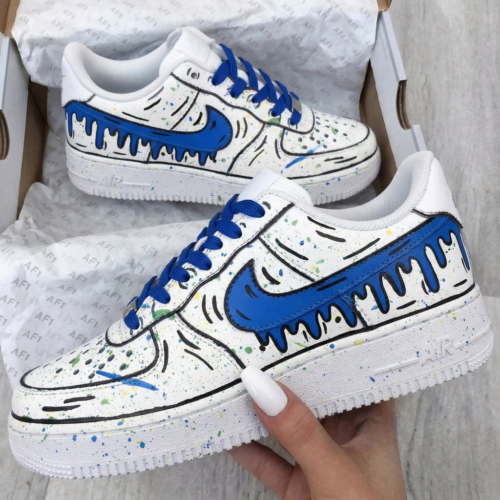 Custom AF 1s Shoes Blue Drip Cartoon Lines Splatter-oicustom