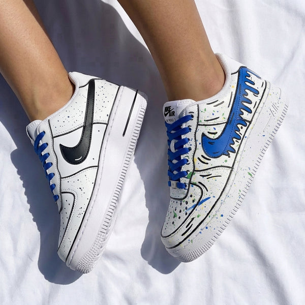 Custom AF 1s Shoes Blue Drip Cartoon Lines Splatter-oicustom