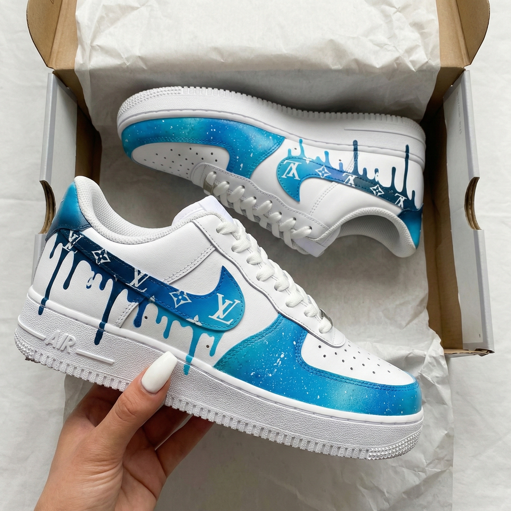 Custom AF 1s Shoes Blue Galaxy Drip LV Logo-oicustom