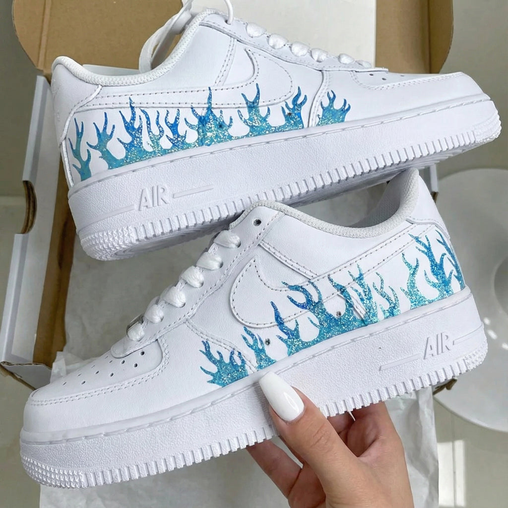 Custom AF 1s Shoes Blue Glitter Flames Design-oicustom