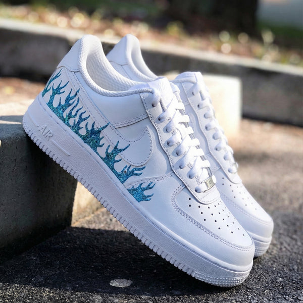 Custom AF 1s Shoes Blue Glitter Flames Design-oicustom