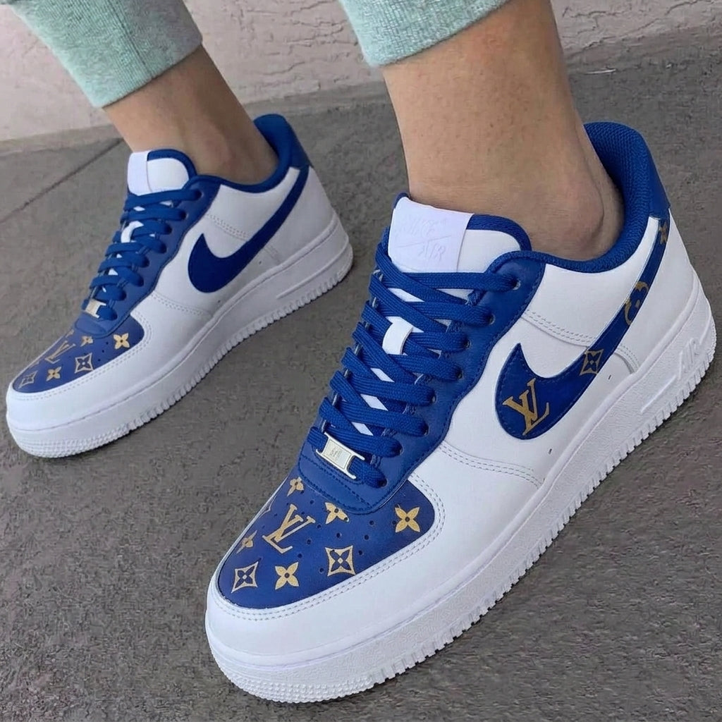 Custom AF 1s Shoes Blue Gold LV Monogram-oicustom