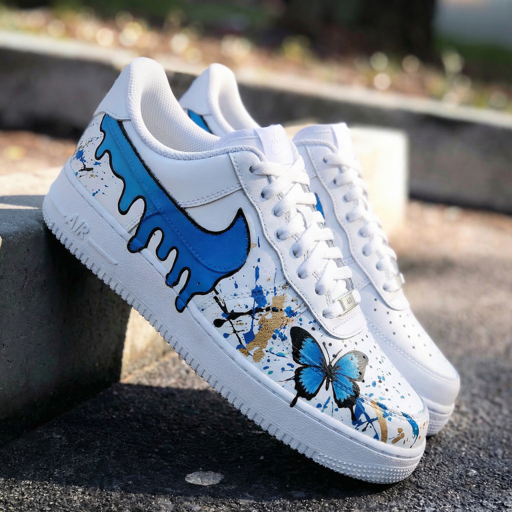 Custom AF 1s Shoes Blue Gold with Butterfly and Drip Design-oicustom
