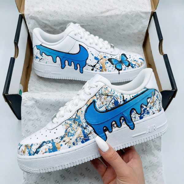 Custom AF 1s Shoes Blue Gold with Butterfly and Drip Design-oicustom