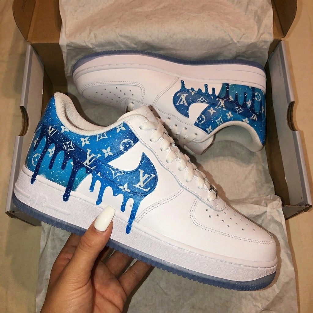 Custom AF 1s Shoes Blue LV Logo Drip Galaxy Design-oicustom