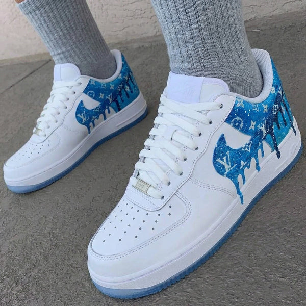 Custom AF 1s Shoes Blue LV Logo Drip Galaxy Design-oicustom