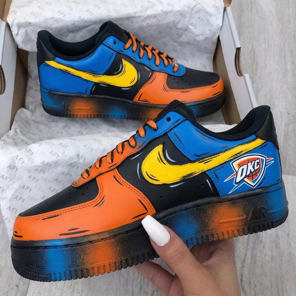 Custom AF 1s Shoes Blue Orange Black OKC Logo Comic Pattern-oicustom
