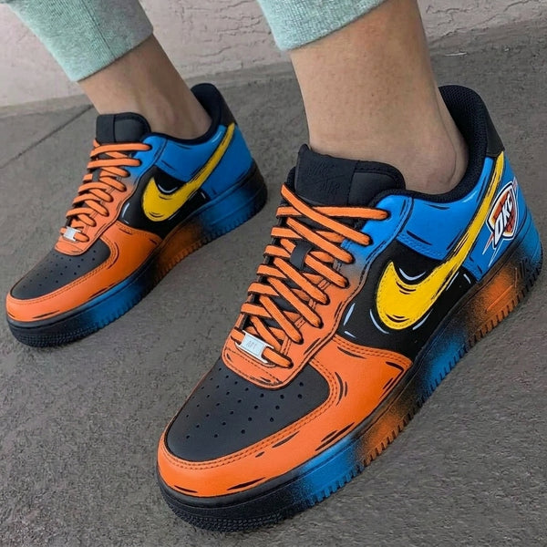 Custom AF 1s Shoes Blue Orange Black OKC Logo Comic Pattern-oicustom