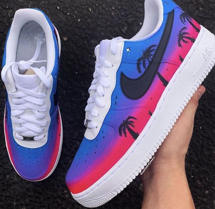 Custom AF 1s Shoes Blue Pink Palm Tree Design-oicustom
