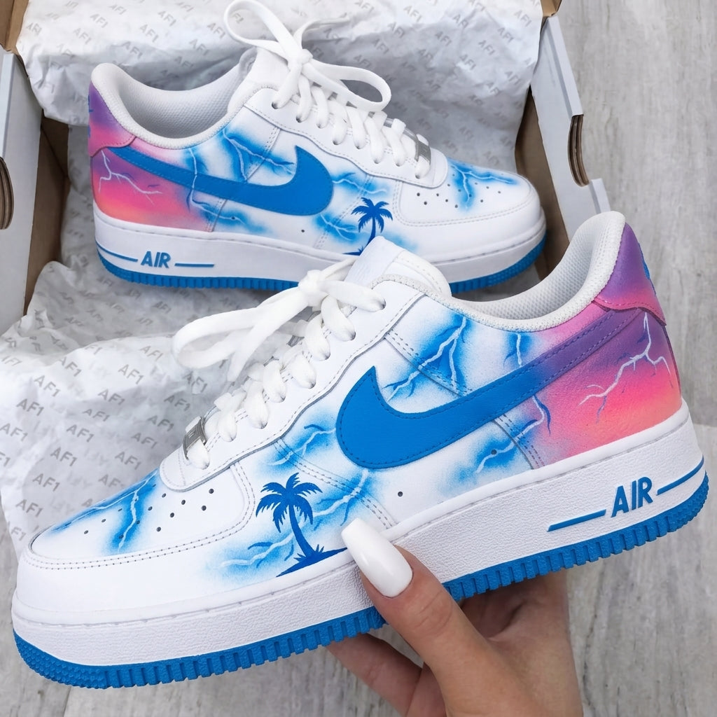 Custom AF 1s Shoes Blue Pink Purple Lightning Palm Trees-oicustom