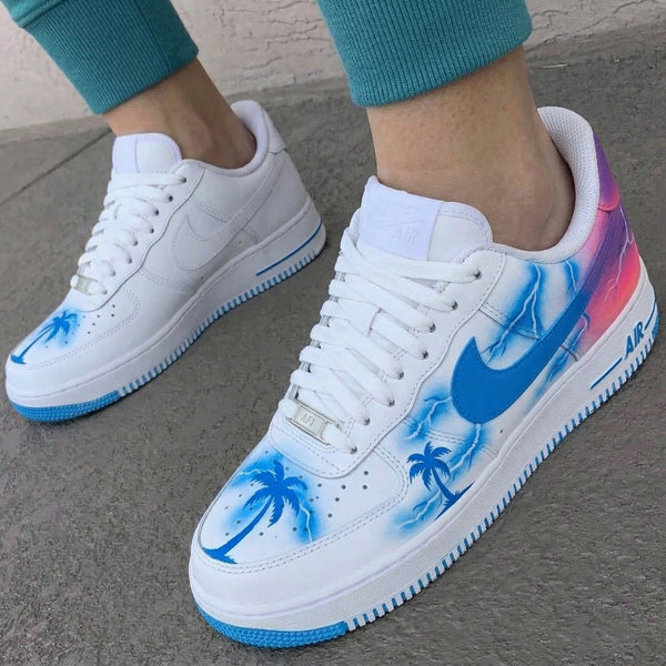 Custom AF 1s Shoes Blue Pink Purple Lightning Palm Trees-oicustom