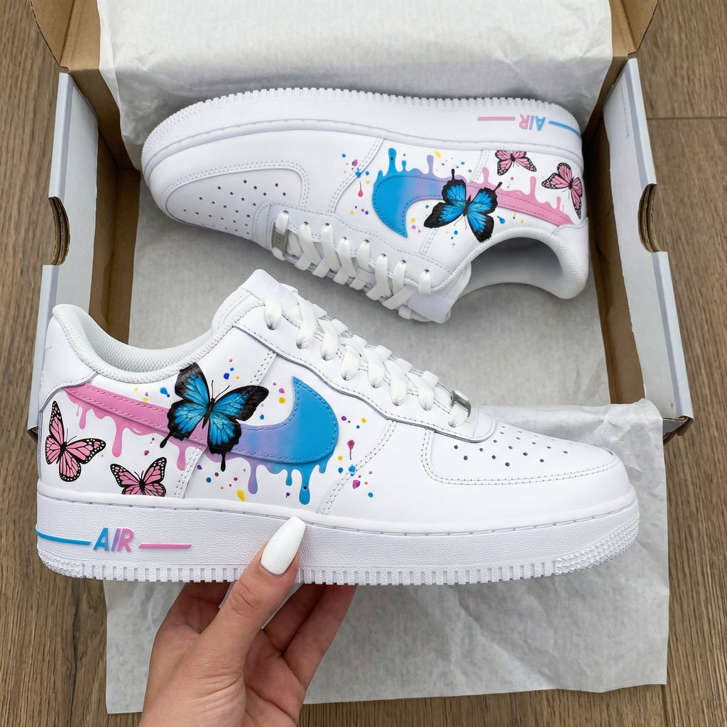 Custom AF 1s Shoes Blue Pink with Butterflies-oicustom