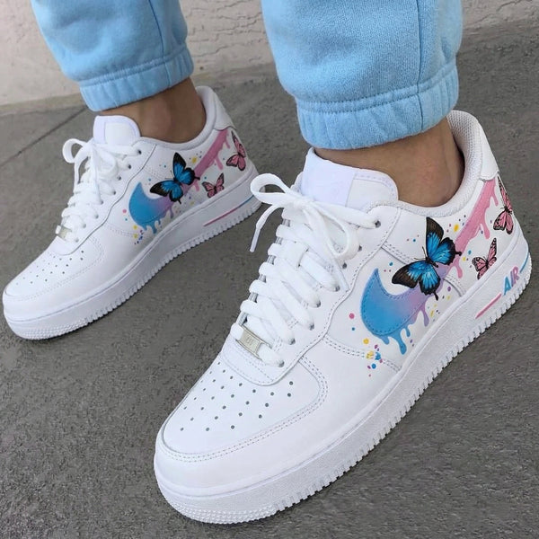 Custom AF 1s Shoes Blue Pink with Butterflies-oicustom