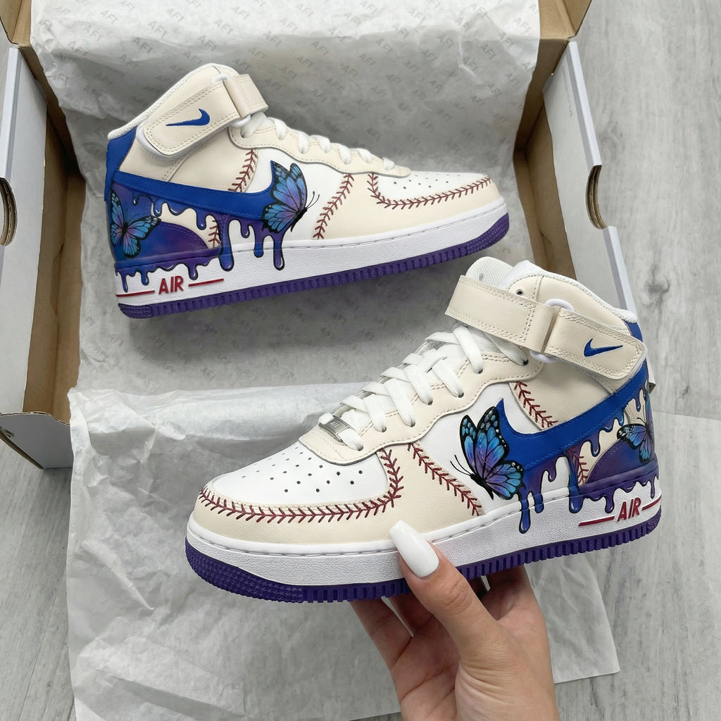 Custom AF 1s Shoes Blue Purple with Butterflies and Baseball Stitches-oicustom